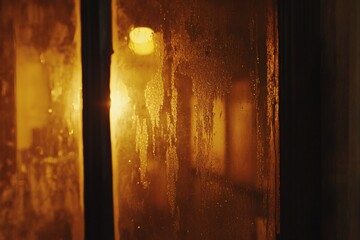 Golden cascade on aged glass: Abstract view of light and texture interplay