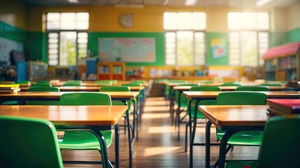background of bright front view school classroom interior