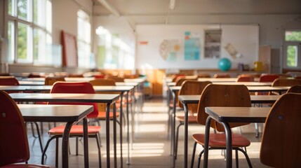 background of bright front view school classroom interior