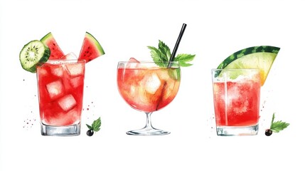 Glassware of fresh watermelon cocktail on white background