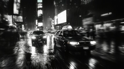 Taxis speeding through times square in the rain at night
