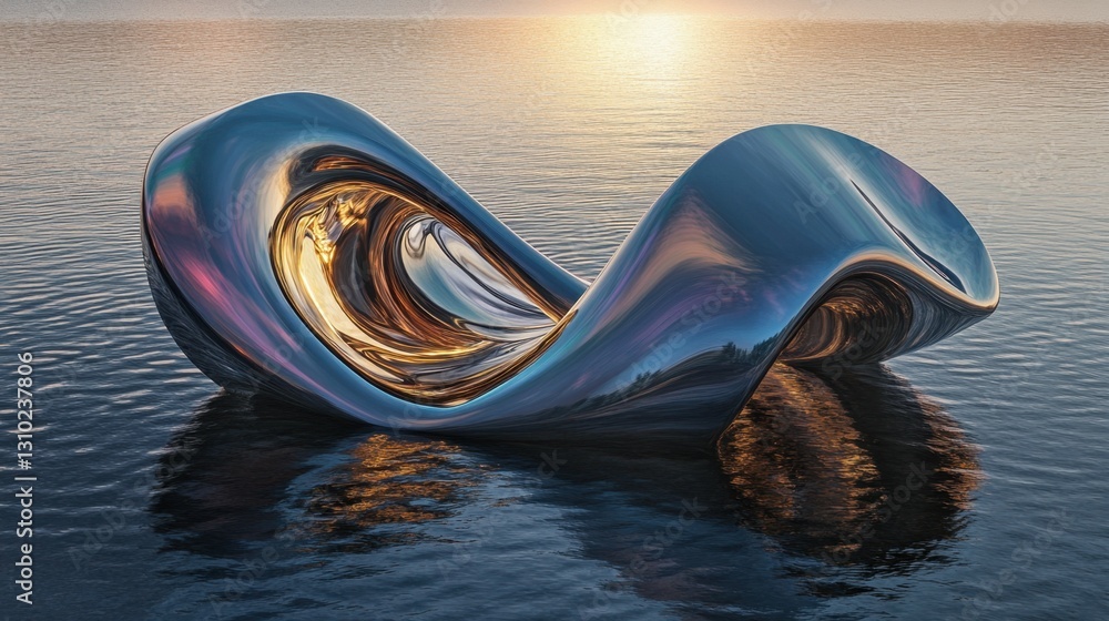 Poster wavy iridescent metallic shape above the water with reflection. modern unique