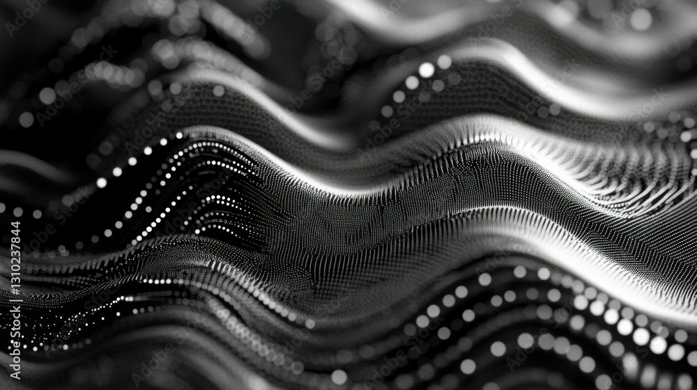 Poster monochrome abstract waveform: digital dots create a fluid, futuristic landscape