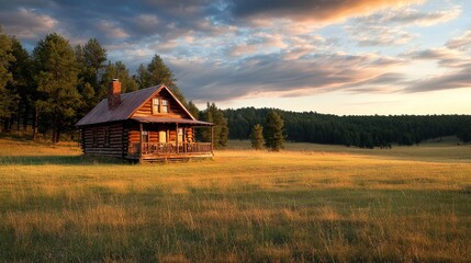 Cozy Log Cabin in Countryside with Sunset Glow