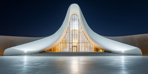 Obraz premium A stunning modern architectural masterpiece captured at night. The organic curves create a harmonious design, inviting exploration and admiration. A great addition to any design portfolio. AI