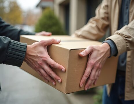 Close-up of courier delivering cardboard package to client. Person passes parcel, box to customer at the door. E-commerce service, express shipment. Online shopping order delivering to receiver hands.