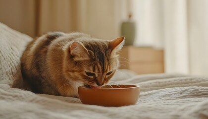 Naklejka premium Tabby Cat Drinking Water From Bowl on Bed