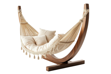 Cozy hammock with soft cushions in a stylish wooden frame for relaxation