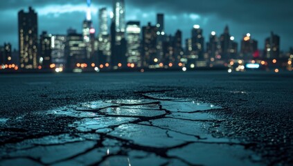 Obraz premium Night Cityscape: Urban Reflections on Cracked Asphalt