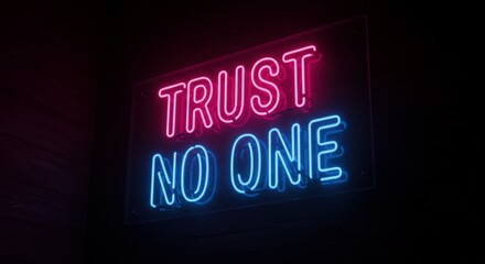 A glowing neon sign reading "Trust No One" in electrifying pink and blue hues, creating a bold and rebellious statement.