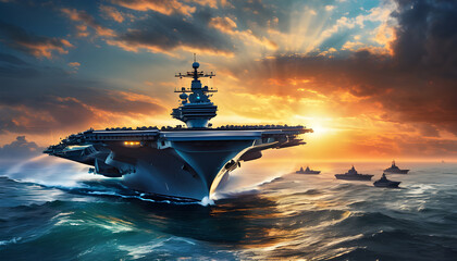 Fototapeta premium Aircraft carrier in the future, developed technology, modern era AI cyberpunk