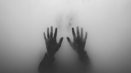 Hands pressed against foggy glass creating a mysterious atmosphere