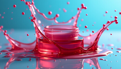 Red liquid splash with cosmetic jars on blue background