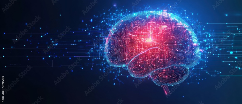 Poster abstract human brain made of colorful low-poly shapes on a dark blue background with a circuit board