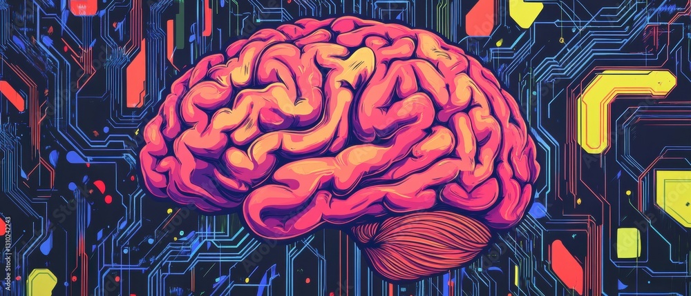 Poster abstract human brain made of colorful low-polygon shapes on a dark blue background with a digital ci