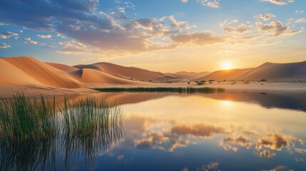 Sunset over serene desert landscape with reflective water
