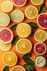 Vibrant citrus fruits displayed against a bright orange background for a fresh look