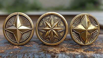 Brass star compass knobs on rustic metal