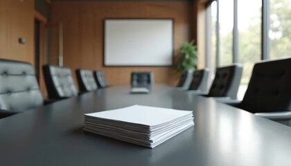 Stack of white paper on conference room table. Office interior with black chairs, blank whiteboard, indoor plants. Corporate meeting, boardroom ready for negotiation, contract signing, document
