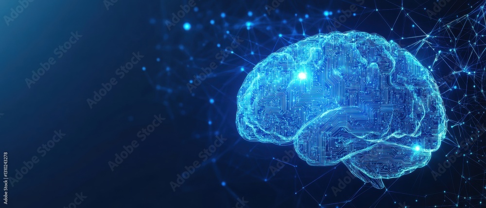 Poster abstract background with low-poly brain and circuit board elements on a blue digital technology conc