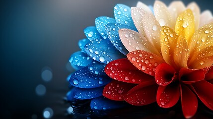 Fototapeta premium Colorful flower with droplets reflecting light, set against a blurred dark background