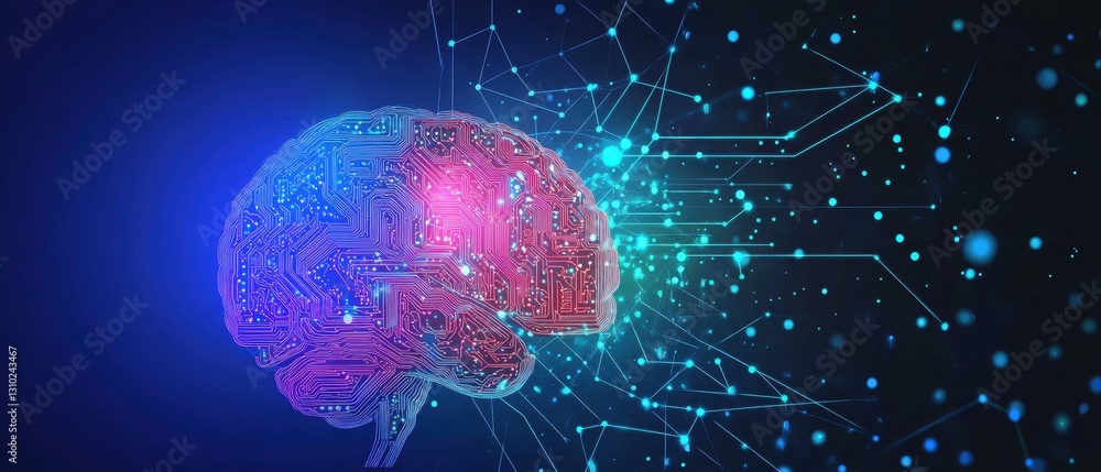 Poster abstract blue background with colorful low-poly brain and circuit board elements for an artificial i