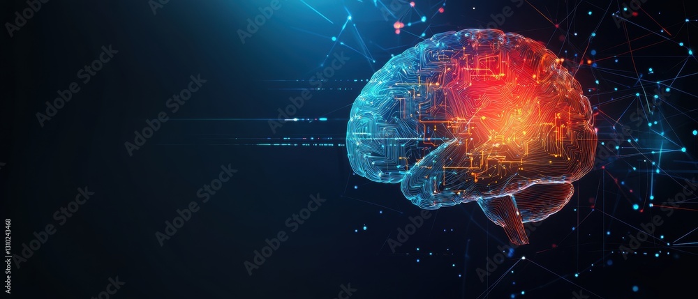 Fototapete abstract blue background with colorful low-poly brain and circuit board elements for an artificial i