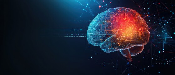 Abstract blue background with colorful low-poly brain and circuit board elements for an artificial intelligence concept illustration design, AI technology banner template Generative AI