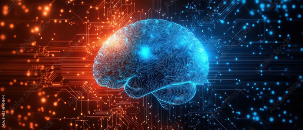 Poster abstract background with blue and orange polygonal brain on a dark circuit board, a illustration of 