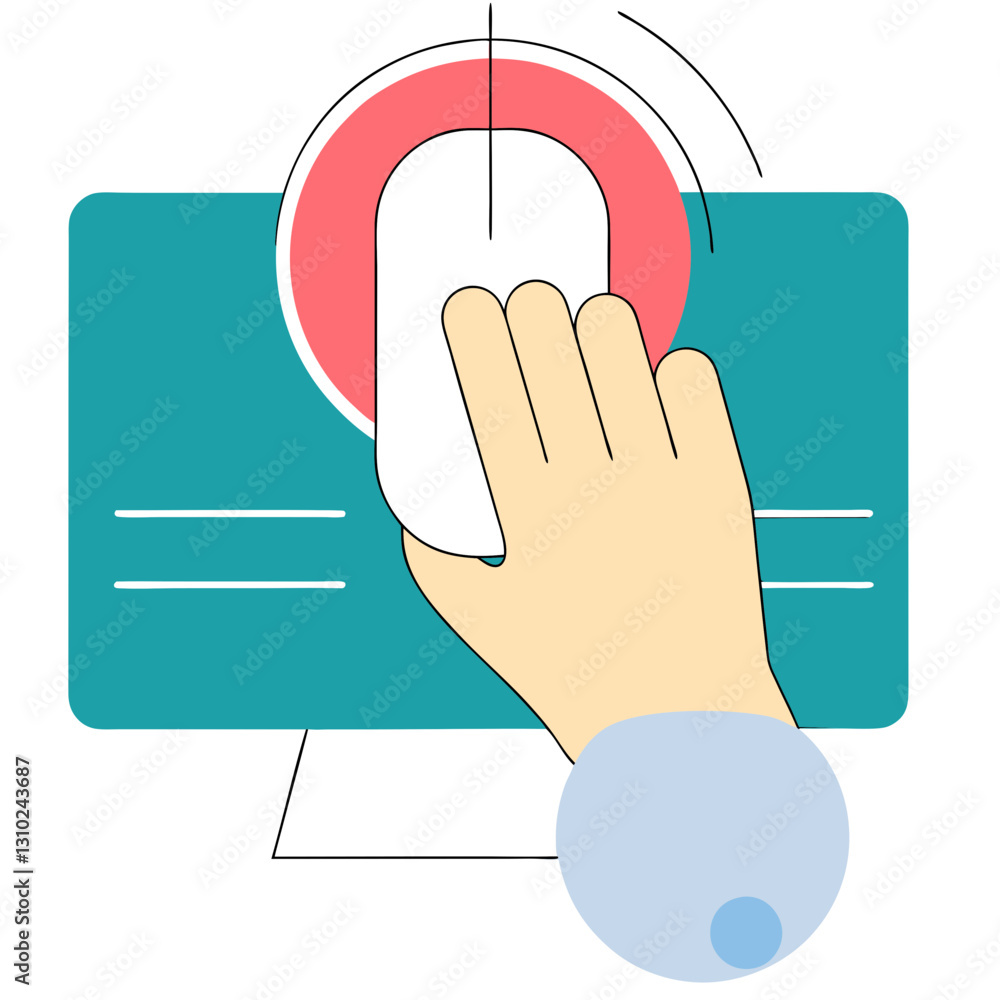 Poster click icon with hand on computer mouse, digital interaction concept