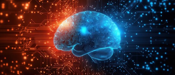 Obraz premium Abstract background with blue and orange polygonal brain on a dark circuit board, a illustration of an artificial intelligence concept Generative AI