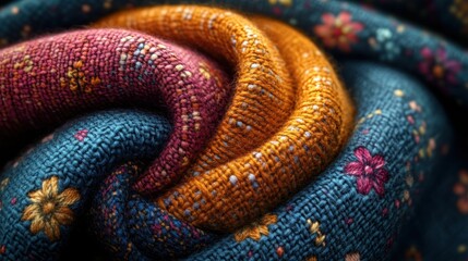 Colorful knit fabric swirls, autumnal hues, detailed texture.