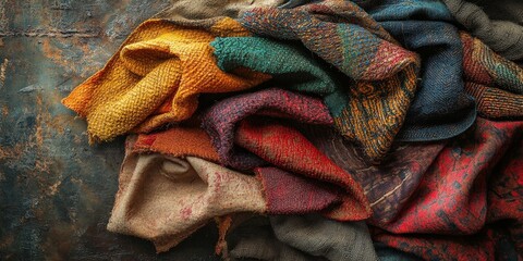 Colorful collection of textured fabrics arranged on a rustic surface in a cozy setting