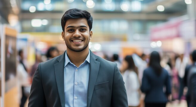 Dynamic corporate networking scene with an Indian businessman in a formal suit, smiling and engaging with professionals at an exhibition event