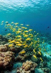 Fototapeta premium A shimmering school of yellow fish gliding gracefully through the crystal-clear ocean waters.