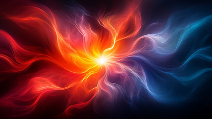 Fototapeta premium Vibrant abstract energy streams of red, orange, and blue radiate from a central bright point