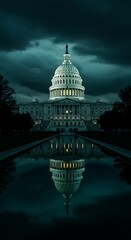 Fototapeta premium Capitol building at night, ominous stormy sky, eerie green glow, reflection in water, dramatic lighting, atmospheric, foreboding, dystopian, cinematic, high contrast, dark mood, architectural symmetry