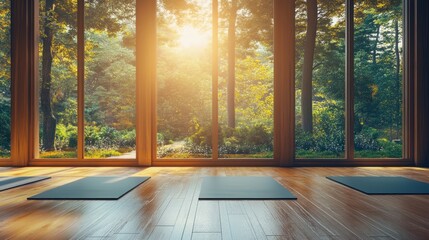 An interior wooden room with a forest view and yoga mats