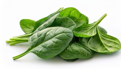 Fototapeta premium Vibrant green spinach leaves isolated on a clean white background, showcasing their fresh texture and color, ideal for healthy eating, recipes, or nutrition-focused visuals. 