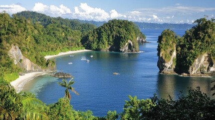 Tropical bay, pristine beach, lush jungle, boats in turquoise water
