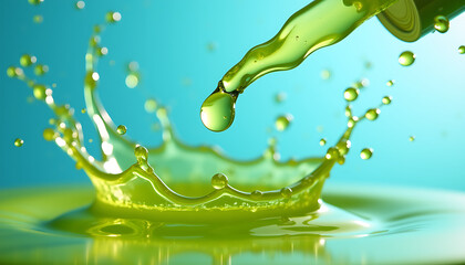 Green liquid droplet creating splash in turquoise background