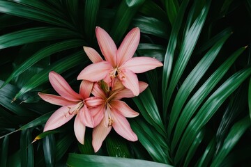 Fototapeta premium Beauty of a pink orchid with intricate veins nestled among lush green leaves in nature's gentle embrace. Generative AI