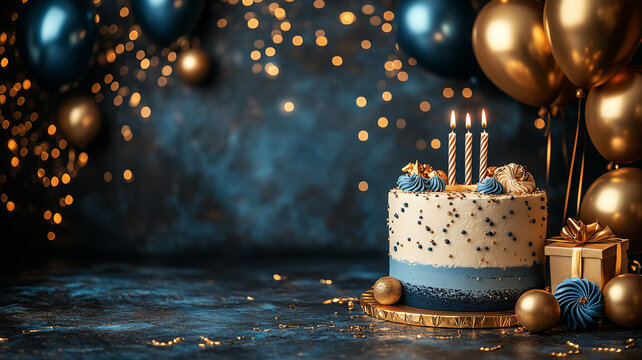 Blue and golden happy birthday cake invitation card banner