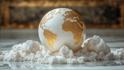 A gold-embossed globe rests on a white surface, surrounded by small rocks