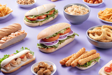 Assorted fast food items including sandwiches, fries, onion rings, and sausages arranged on a purple background.