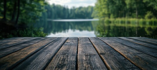 Obraz premium Serene rustic tabletop overlooking a tranquil lake and forest