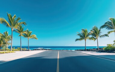 Aerial view of a palm-lined road with a scenic ocean backdrop.