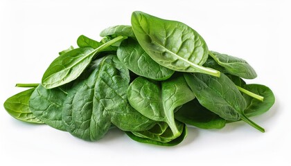 Fototapeta premium Vibrant green spinach leaves isolated on a clean white background, showcasing their fresh texture and color, ideal for healthy eating, recipes, or nutrition-focused visuals. 