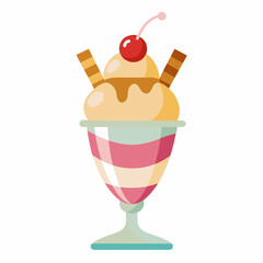 Colorful ice cream sundae with cherry and wafer sticks on a plate