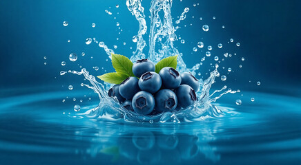 A cluster of fresh blueberries with green leaves splashing into water. Captured in mid-splash, showcasing the dynamic motion of water droplets.